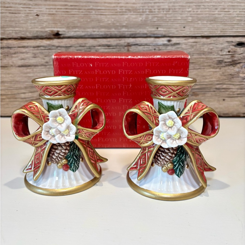 Fitz and Floyd Christmas Rose Candle Holders: Holiday Decor, Set of 2 With Box